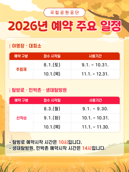 2026년 예약 주요 일정·야영장 휴장일 안내 / 출처: 국립공원공단